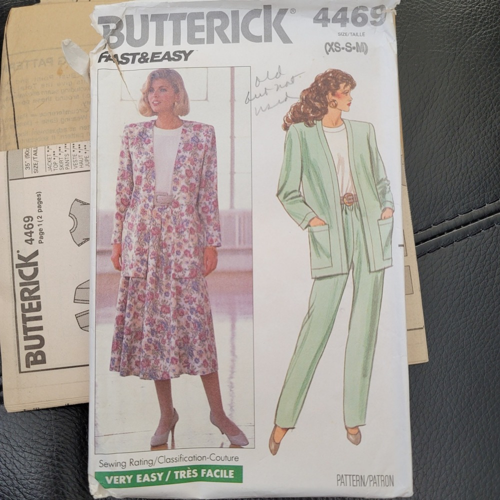 Butterick 4469 Vintage 1989 Sewing Pattern Jacket Top Skirt Pants Size XS-S-M